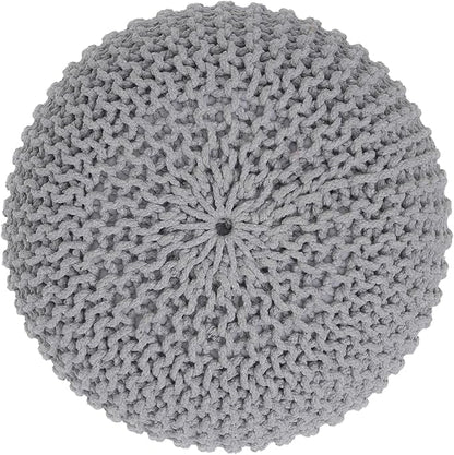 REDEARTH Round Boho Pouf Ottoman - Cable Knitted Cord Boho Pouffe - Stuffed Poof Accent Beanbag Footrest for Living Room - Nursery - Bedroom - Covered Patio - Study Nook (19.5"x19.5"x14") - Gray