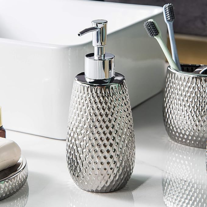 Silver Bathroom Accessory Set 4 Piece Ceramic Bath Accessories Sets Complete, Rain- Drop Shaped Bathroom Essential with Toothbrush Holder & Dish, Tumbler, Soap Dispenser Set for Bath Decor