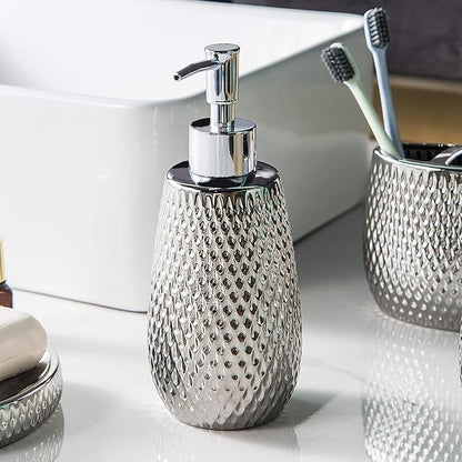 Silver Bathroom Accessory Set 4 Piece Ceramic Bath Accessories Sets Complete, Rain- Drop Shaped Bathroom Essential with Toothbrush Holder & Dish, Tumbler, Soap Dispenser Set for Bath Decor
