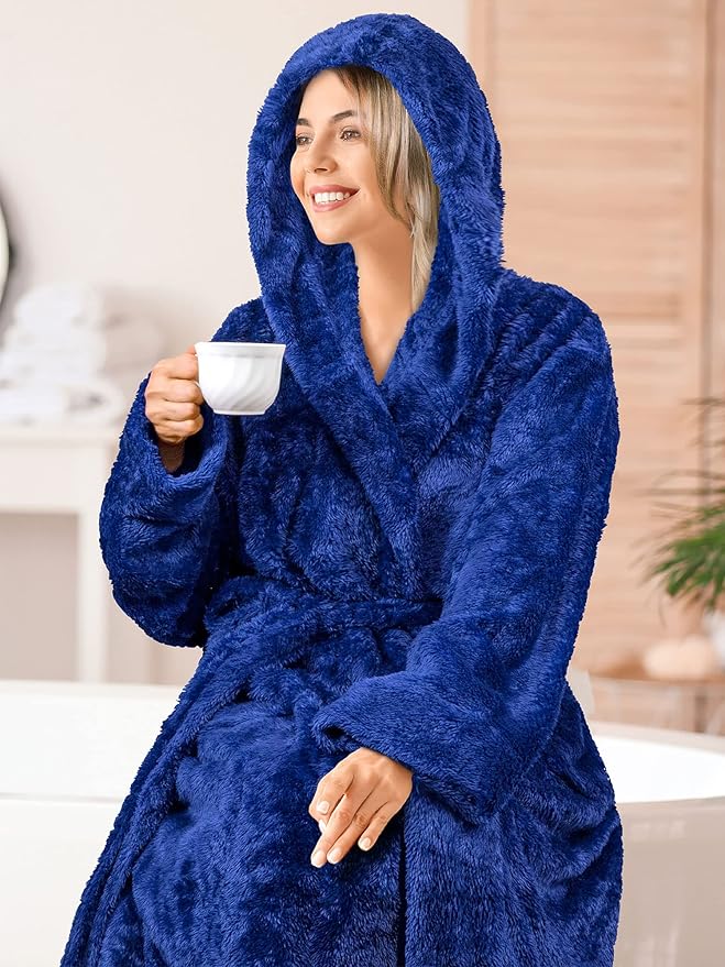 PAVILIA Women Hooded Plush Soft Robe | Fluffy Warm Fleece Sherpa Shaggy Bathrobe