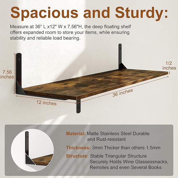 36 Inch Floating Shelves Wall Mounted, 12 Inch Deep Wall Shelves with Visible Brackets, Deep Bookshelf for Home, Rustic Bathroom Shelf, Deep Shelves for Plant, Books, Rustic Brown, Set of 2