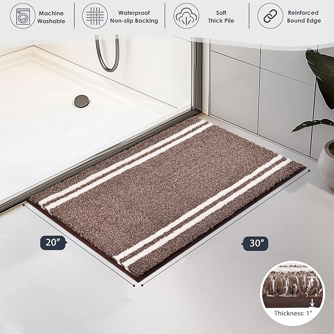 PURRUGS Bathroom Rug Non-Slip Machine Washable 20" x 30", Super Absorbent and Quick Dry Shaggy Microfiber Bath Mat, Extra Soft and Plush Bath Rug for Bathtub, Shower and Sink, Brown