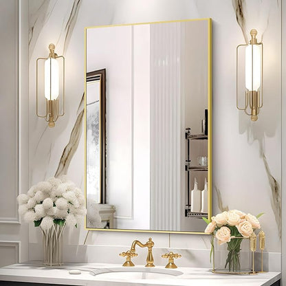 Gold Bathroom Mirror for Wall, 30x48 Inch Rectangle Mirrors with Metal Frame, Modern Vanity Wall Mirror Decor for Bathroom Living Room, Entryway Hangs Horizontal or Vertical