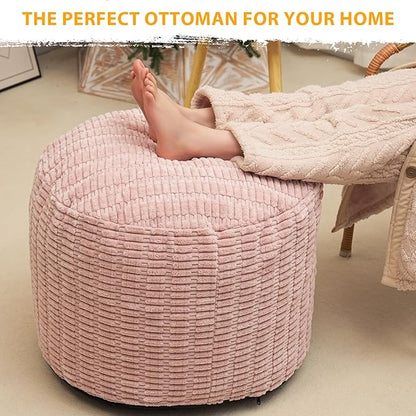 Round Stuffed Pouf Ottoman for Foot Rest, Storage Ottoman Pouf Foot Stool Cushion, Faux Fur Poufs with Foam Chunk Filling, 26 X 18 Inch Floor Chair for Living Room Bedroom Home Decor, Pink