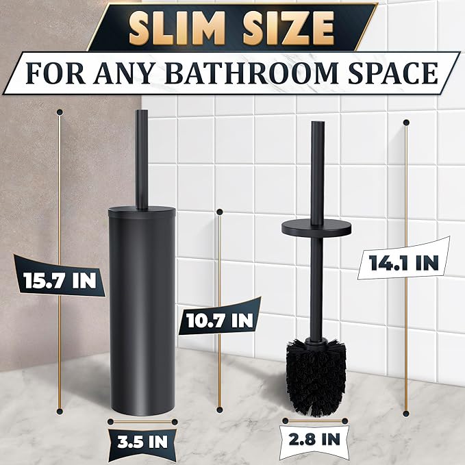 Black Toilet Brush and Holder Set - Scratch Resistant Black Toilet Bowl Brush and Holder with Soft Bristles Replaceable Head, Protection from Splashes, and Compact Design - for Effective Cleaning