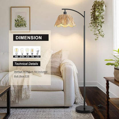 Oneach Arc Floor Lamp for Living Room,Rattan Boho Floor Lamp with Hand-Woven Wicker Shade, Foot Switch,Black Metal Base & Pole,Farmhouse Standing Lamp for Bedroom Corner,Reading