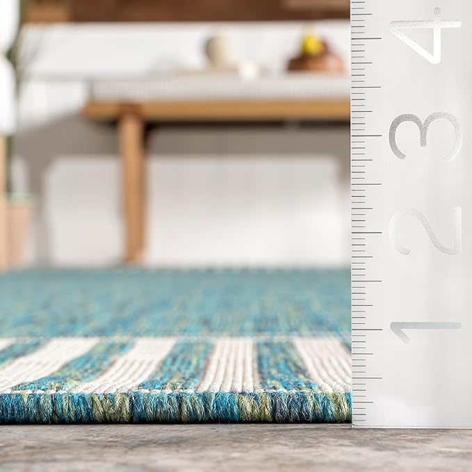 nuLOOM 4' x 6' Outdoor Area Rug, Casual Design With Striped Border, Stain Resistant, Highly Durable, For Patio, Balcony, Bedroom, Living Room, Dining Room, Bathroom, Teal