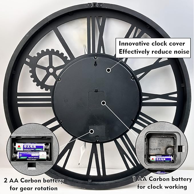 The B-Style Large Real Moving Gears Wall Clock 30 inch Rustic Retro Industrial Farmhouse Wood Clock Oversized Decorative Vintage Wall Clocks for Living Room (Gray White, 30 Inch/76CM)