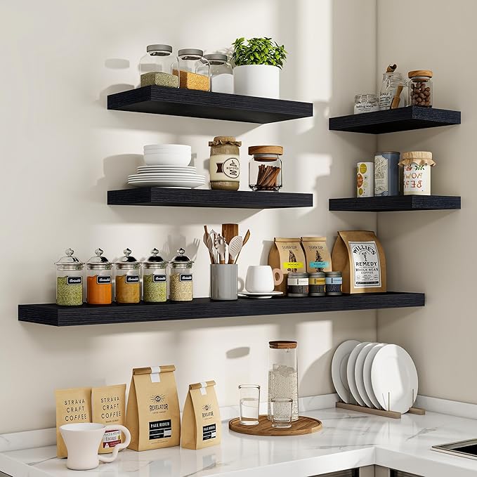 24 Inch Floating Shelves, 24"x9.25"x1.5" Inch Deep Floating Shelves for Wall, Wooden Shelves for Bathroom, Bedroom, Living Room, Black, 2 Pieces