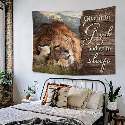 yowecso Lion and Lamb Tapestry Give It To God And Go To Sleep Tapestry Wall Hanging for Bedroom Christian Religious Tapestries Aesthetic Wall Decor for Home Dorm Living Room 50"x60"