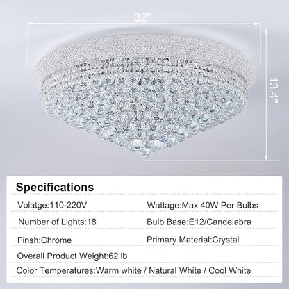 18-Light 32 inch Large Crystal Chandelier Flush Mount Ceiling Light Fixture for Living Room Dining Room Bedroom Foyer Entryway Chrome Finish
