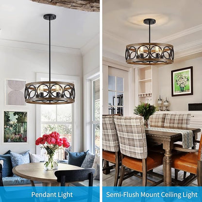 XINGQI 21.7'' Modern Chandelier, Farmhouse Drum Chandeliers for Dining Room Living Room Bedroom 5-Light Pendant Lighting Round Black Metal Antique Wood Grain Finish Adjustable