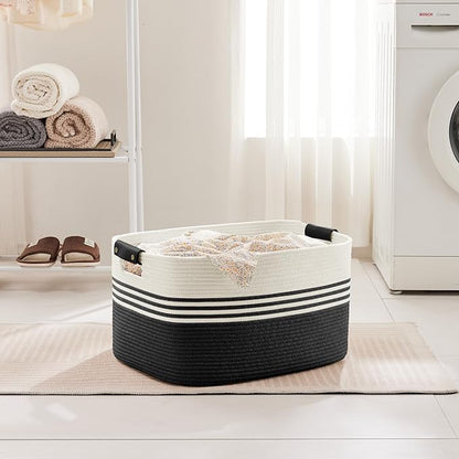 60L Large Laundry Basket with Leather Handles for Living Room Storage, Woven Rope Baskets Bin for Blanket, Kids Toy, Gifts, Wicker Hamper for Bedroom Dirty Clothes, 21"x15"x11" White Black