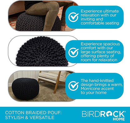 BIRDROCK HOME Round Pouf Ottoman | Cotton Braided Foot Stool with Bean Bag Filling | Boho Foot Rest for Living Room & Bedroom | Compact & Comfortable Seating, Lightweight & Soft | Charcoal