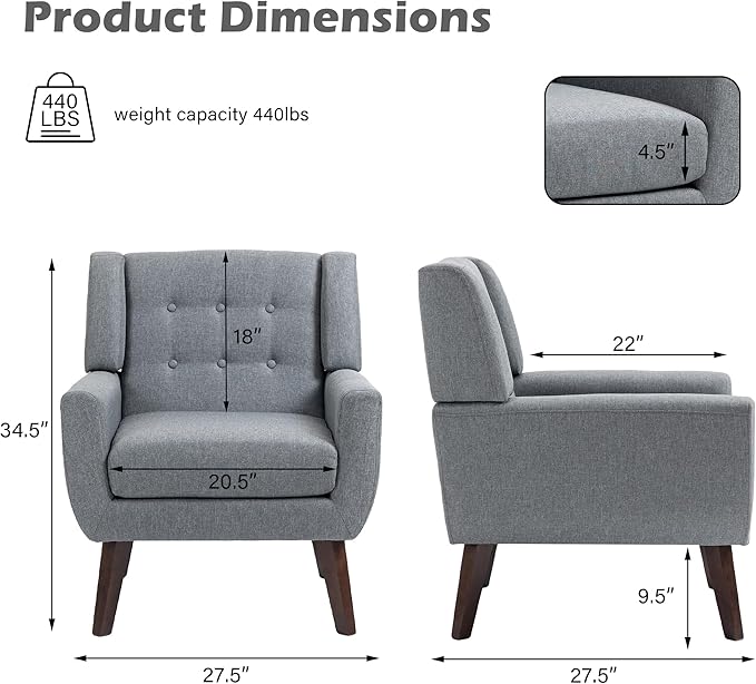 UIXE Accent Chair, Modern Upholstered Armchair in Fabric for Living Room, Comfy Club Arm Chairs Single Sofa Button Tufted Bedroom Reading Seat - Gray, Set of 4