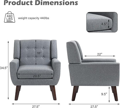 UIXE Accent Chair, Modern Upholstered Armchair in Fabric for Living Room, Comfy Club Arm Chairs Single Sofa Button Tufted Bedroom Reading Seat - Gray, Set of 4