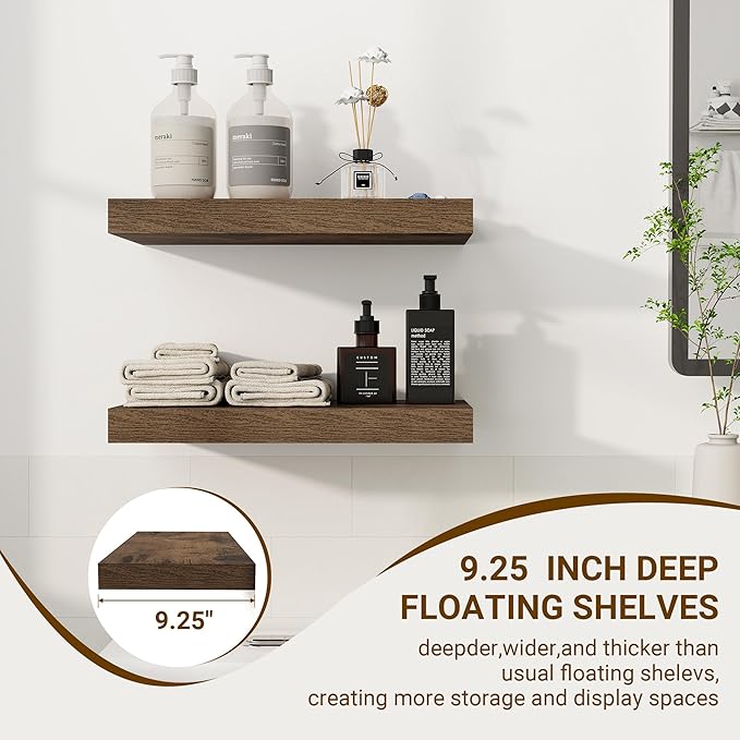 16 Inch Floating Shelves, 16"x9.25"x1.5" Inch Deep Floating Shelves for Wall, Wooden Shelves for Bathroom, Bedroom, Living Room, Brown, 2 Pieces