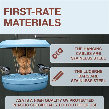 SWISSINNO No Mess Bird Feeder Lucerne Smart Birds for Fat Balls - Feed Birds, not mice & Rats! Robust & Reliable for Hanging - Made in EU - Light Blue
