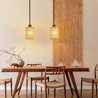 Pendant Light Boho Hanging Lamp - Rattan & Linen 2-in-1 Shade, Adjustable Hanging Lights Fixture for Kitchen Island, Dining Room, Farmhouse, Bedroom (2 Pack)