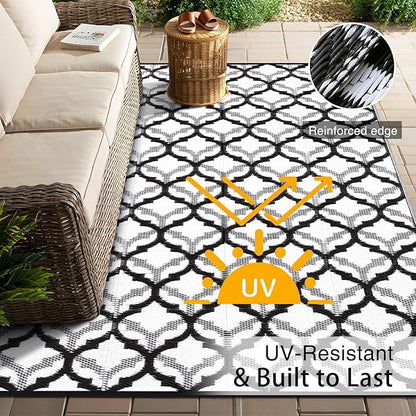 OLANLY Reversible Outdoor Rug 8x10 ft Clearance, Waterproof Outdoor Plastic Straw Rug with Interlacing Pattern, RV Mat for Patio, Camping, Balcony, Deck, Backyard, Black & White