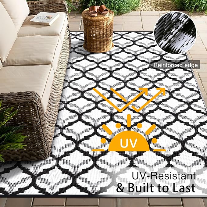 OLANLY Reversible Outdoor Rug 9x12 ft Clearance, Waterproof Outdoor Plastic Straw Rug with Interlacing Pattern, RV Mat for Patio, Camping, Balcony, Deck, Backyard, Black & White