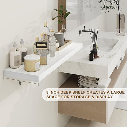 30 Inch Floating Shelves, Rustic Floating Wall Shelves 8 Inch Deep, 30 x 8 Floating Shelves for Home Decor, Deep Display & Storage Shelves for Kitchen, Bathroom, Living Room, White Color, Set of 2