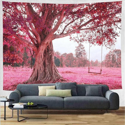 FENDROM Autumn Pink Flower Tapestry Window View Wall Hanging, Nature Forest Floral Trees Garden Scenic Tapestries for Living Room Home Office Dorm