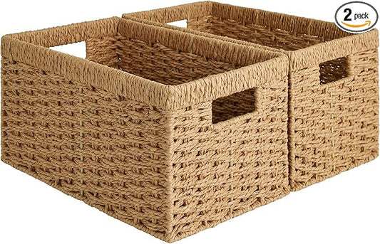 StorageWorks Round Paper Rope Storage Baskets, Rectangular Wicker Baskets with Built-in Handles, Medium, 13 ¼ x 8 ½ x 7 ¼ inches, 2-Pack