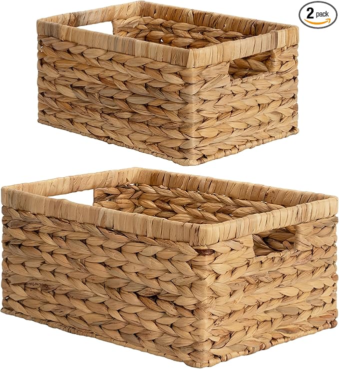 StorageWorks Wicker Storage Baskets, Large and Small Baskets, Handwoven Water Hyacinth Basket for Organizing, Decorative Organizers with Built-in Handles, Set of 2