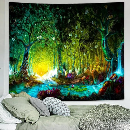 Delur Fantasy Forest Tapestry Mystical River Enchanted Magical Fairy Tale Tree Tapestry Sunrise Landscape Sunset Nature Psychedelic Wall Hanging Headboard for Bedroom Living Room Home Decor (51.2" x 59.1")