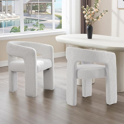 White Boucle Dining Chairs Set of 4, Modern Barrel Dining Room Chairs Upholstered Faux Fur Accent Chair with Arms and Round Back for Living Room Kitchen Armchair No Assembly Needed