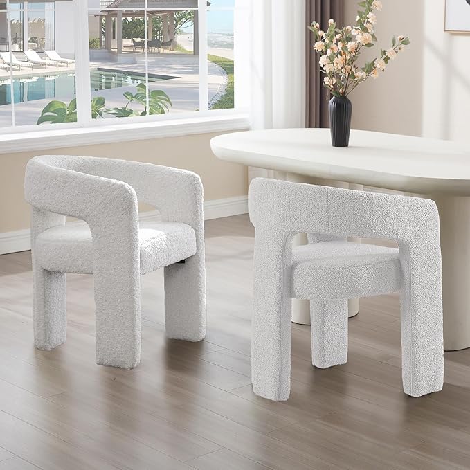 White Boucle Dining Chairs Set of 2, Modern Barrel Dining Room Chairs Upholstered Faux Fur Accent Chair with Arms and Round Back for Living Room Kitchen Armchair No Assembly Needed