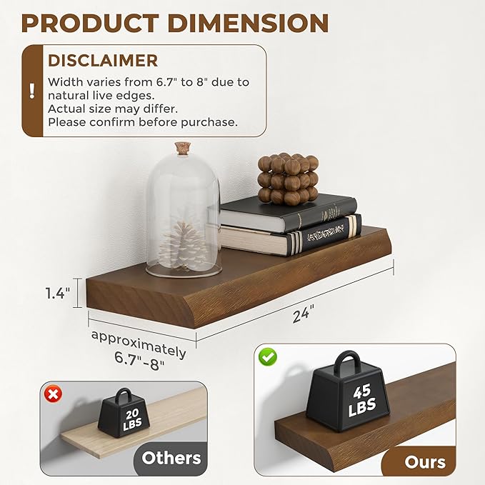RICHFOCUS Live Edge Wood Floating Shelves for Wall 24" Natural Solid Wood Wall Mounted Shelf|8 Inch Deep Wooden Floating Shelves with Invisible Bracket for Bathroom Kitchen Room|2Pcs, Walnut