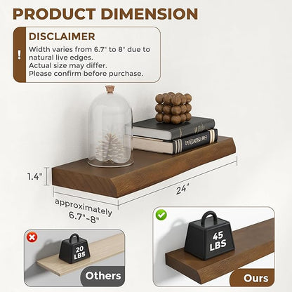 RICHFOCUS Live Edge Wood Floating Shelves for Wall 24" Natural Solid Wood Wall Mounted Shelf|8 Inch Deep Wooden Floating Shelves with Invisible Bracket for Bathroom Kitchen Room|2Pcs, Walnut
