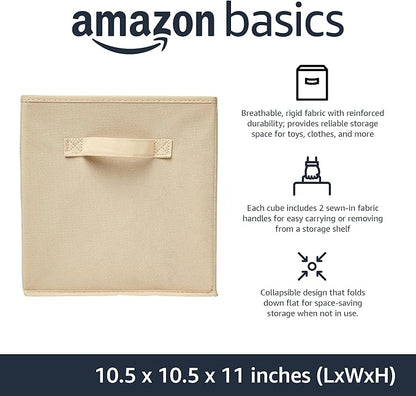 Amazon Basics Collapsible Fabric Storage Cubes Organizer with Handles, Sturdy, Beige, 10.5-x-10.5-x-11-inch, Pack of 6
