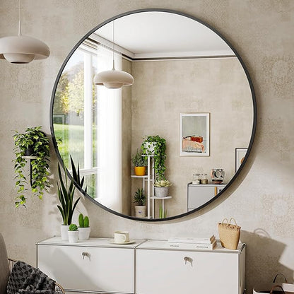BEAUTYPEAK 48 Inch Round Mirror, Metal Frame Circle Mirror, Wall Mounted for Entryway, Bathroom, Vanity, Living Room, Black