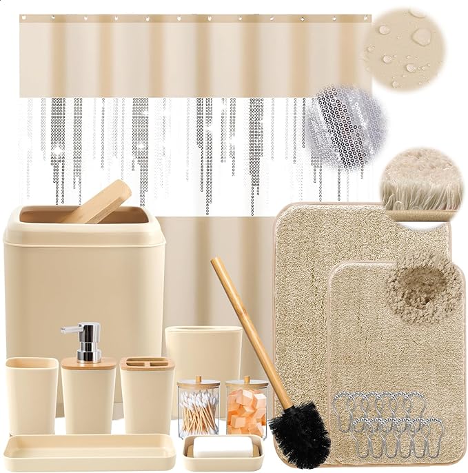 Beige Bathroom Accessories Set with Glitter Shower Curtain and Rugs,Bathroom Sets with Extra Soft and Absorbent Bath Rugs Sequin Shower Curtain Green Bathroom Sets for Bath Decor