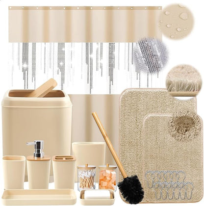 Beige Bathroom Accessories Set with Glitter Shower Curtain and Rugs,Bathroom Sets with Extra Soft and Absorbent Bath Rugs Sequin Shower Curtain Green Bathroom Sets for Bath Decor