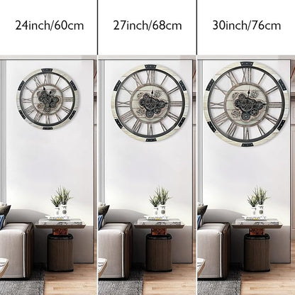 DORBOKER 24" Large Wall Clock with Moving Gears,Oversize Vintage Industrial Rustic Farmhouse Clocks for Living Room Decor Office Home,Solid Wood Retro Metal HD Tempered Glass Cover,Desert Beige