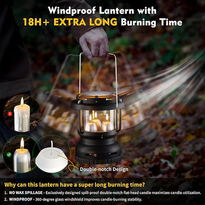 3-Wick Emergency Candle Lantern for Power Outages [18H+ Burning Time] Vintage Decorative Candle Lantern for Real Candles, Outdoor Portable Camping Survival Lighting [7.1"*5.7" - Matte Black]