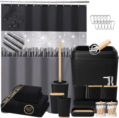 Black Bathroom Accessories with Glitter Shower Curtain,Towel Set 24 PCS Bathroom Set with Shower Curtain Set Bathroom Set Black Shower Curtain with Bathroom Trash Can