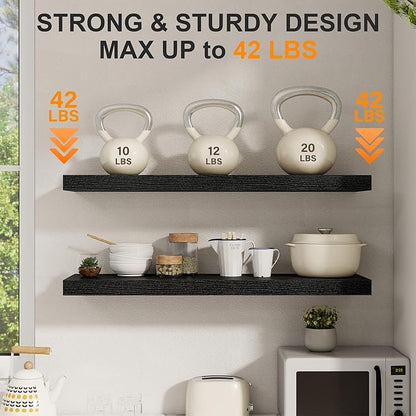 40 Inch Floating Shelves Set of 2, 8 Inch Deep Wall Shelf, Rustic Wood Storage Shelves for Bedroom, Kitchen, Bathroom, Wall-Mounted Shelf with Invisible Brackets for Books|Storage Black