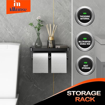 Double Toilet Paper Holder with Shelf, Commercial Toilet Paper Towel Holder Wall Mount, Tissue Roll Holder for Bathroom Kitchen RV, Double Tissue Roll Rack with Adhesive & Screw (Matte Black)