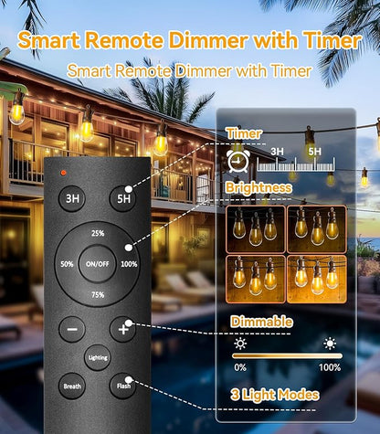 Outdoor-String-Lights-Patio-LED-Light-Outside 50Ft 15M Waterproof Remote Dimmable S14 LED Porch Lighting with 15 Edison Plastic Bulb Hanging Lights Connectable for Backyard Yard Gazebo Party Garden
