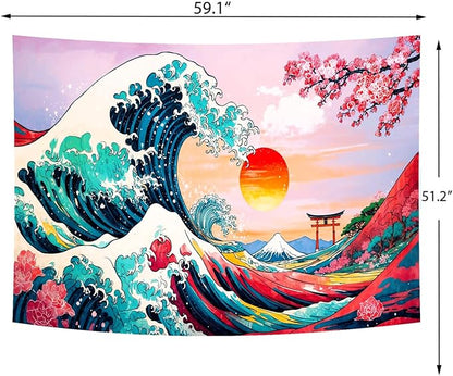 Delur Great Wave Tapestry Japanese Sunset Ocean Sea Wave Off Kanagawa Tapestry Wall Hanging Vintage Asian Anime Cherry Blossom Nature Headboard for Bedroom Living Room Home Decor (51.2" x 59.1")