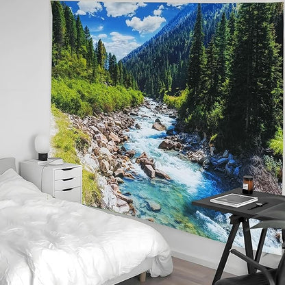 Nature Forest Mountain Tapestry Green Pine Tree Stream Tapestry White Clouds Flowing River Valley Landscape Scenery Tapestries Wall Hanging for Bedroom Dorm Living Room Office Classroom 80 x 60 Inch