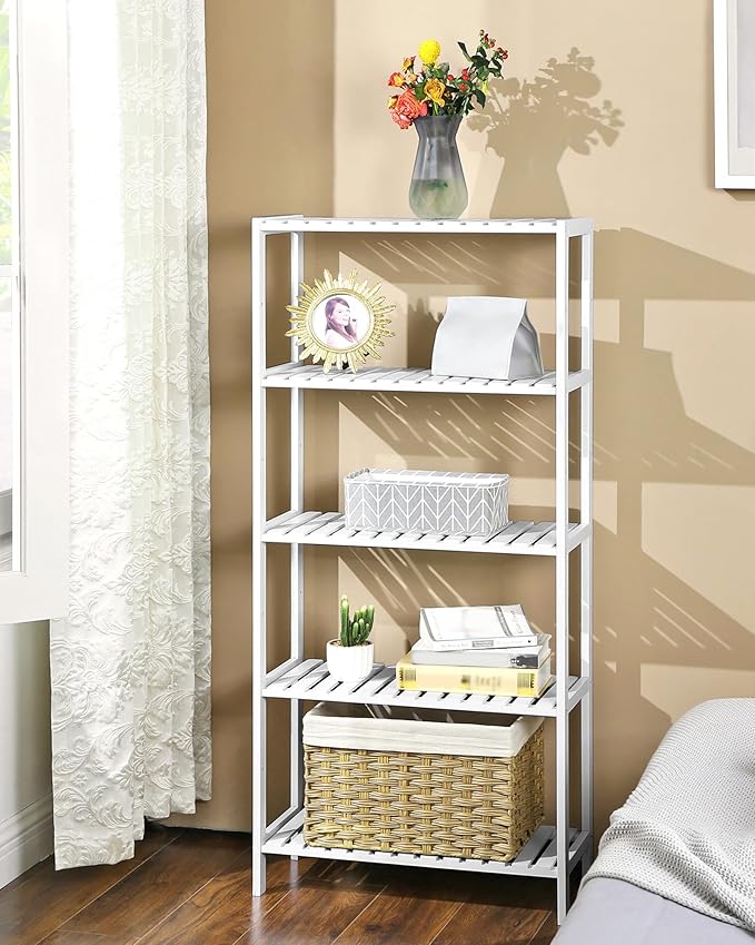 SONGMICS Bamboo Storage Shelf, 5-Tier Shelving Unit, Multifunctional, in The Entryway, Bathroom, Living Room, Balcony, Kitchen, 10.2 x 23.6 x 51.2 Inches, Cloud White UBCB35WT