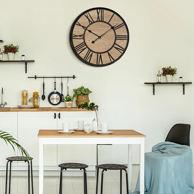 Large Wall Clock for Living Room Decor, Non Ticking Silent, Battery Operated Modern Vintage Wood Oversized Decorative Wall Clock for Bedroom Kitchen Farmhouse Office Decor