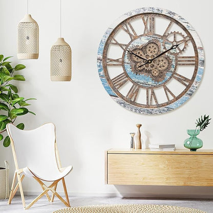 HOIBAI Large Wall Clock, Wall Clocks for Living Room Decor 20 Inch Farmhouse Vintage Rustic Kitchen Wall Decor Vintage Roman Oversized Wall Clock for Home Bedroom House Office, Moving Gears Clock