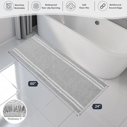 PURRUGS Bathroom Rug Non-Slip Machine Washable 24" x 60", Super Absorbent and Quick Dry Shaggy Microfiber Bath Mat, Extra Soft and Plush Bath Rug for Bathtub, Shower and Sink, Light Grey